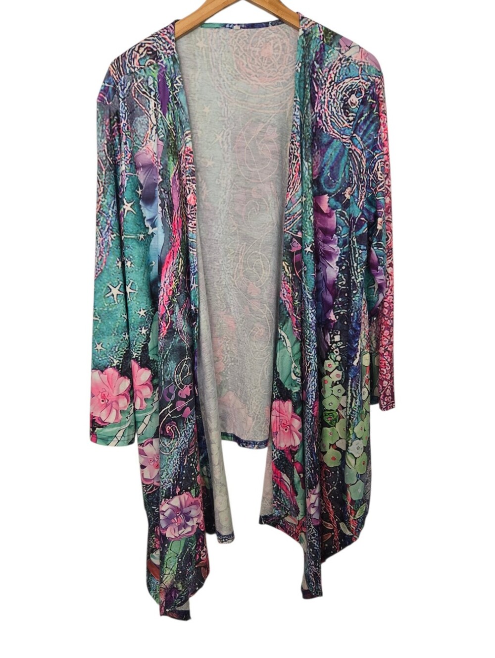 ๐ธ Colorful Boho Watercolor Floral Open Front Drape Cardigan | Size 3XL - Picture 2 of 6